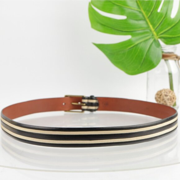 Torino USA Mens Belt Size 44 Black Leather Tan Inlay 1 1/2" Width Brass Buckle - Picture 4 of 16